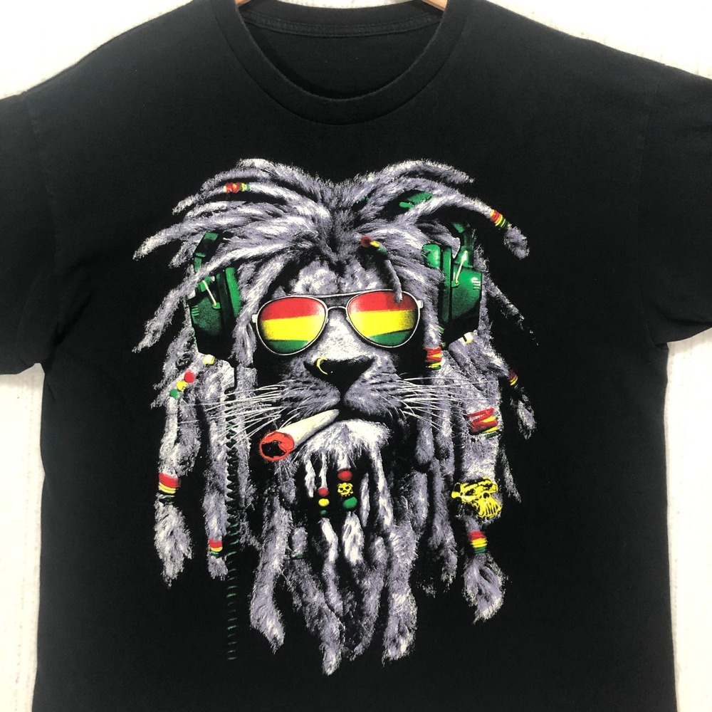 Rasta Lion Graphic T-Shirt Mens Large Black Reggae Headphones Sunglasses Tee